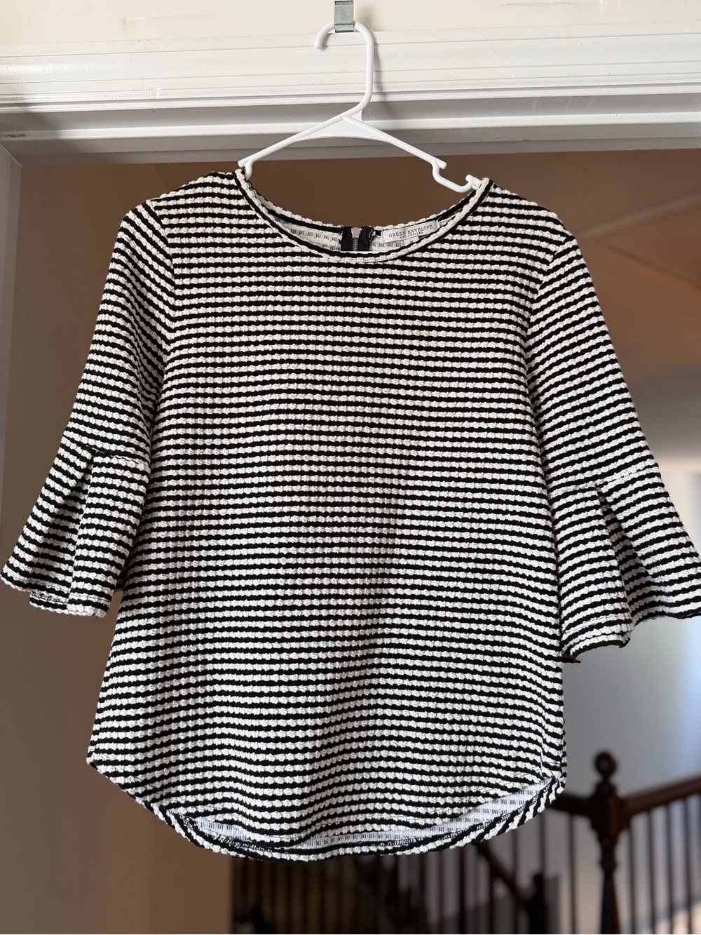 Green Envelope Black and White Textured Stripe Bell-Sleeve Top